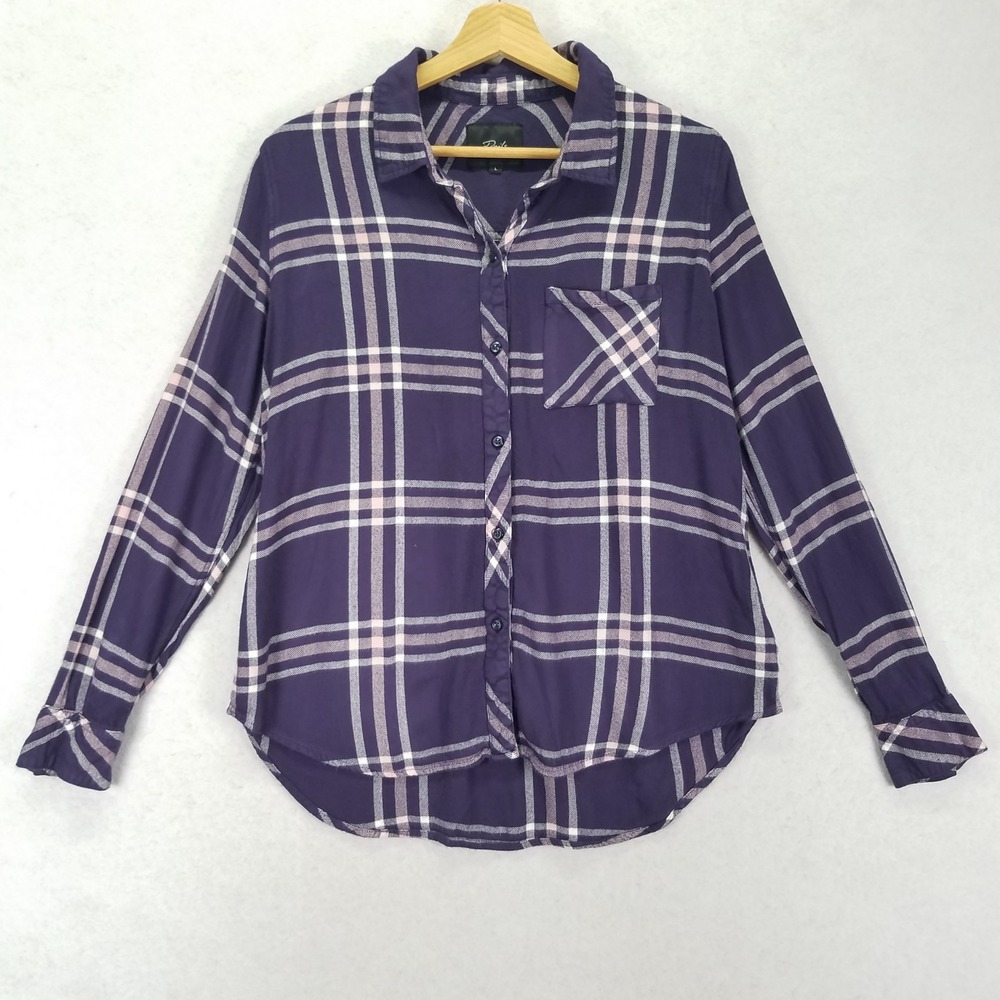 Rails Hunter Plaid Shirt Womens L Navy Petal Pink Rayon Long Sleeve Slim Fit